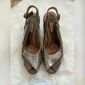 Marni Tan Silver Suede Wedge Platform Peep Toe Heels